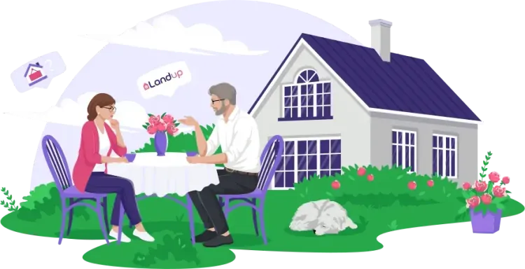 Illustration d’un couple discutant autour d’une table dans un jardin, avec une maison en arrière-plan et une pancarte “Vendu à un promoteur”.