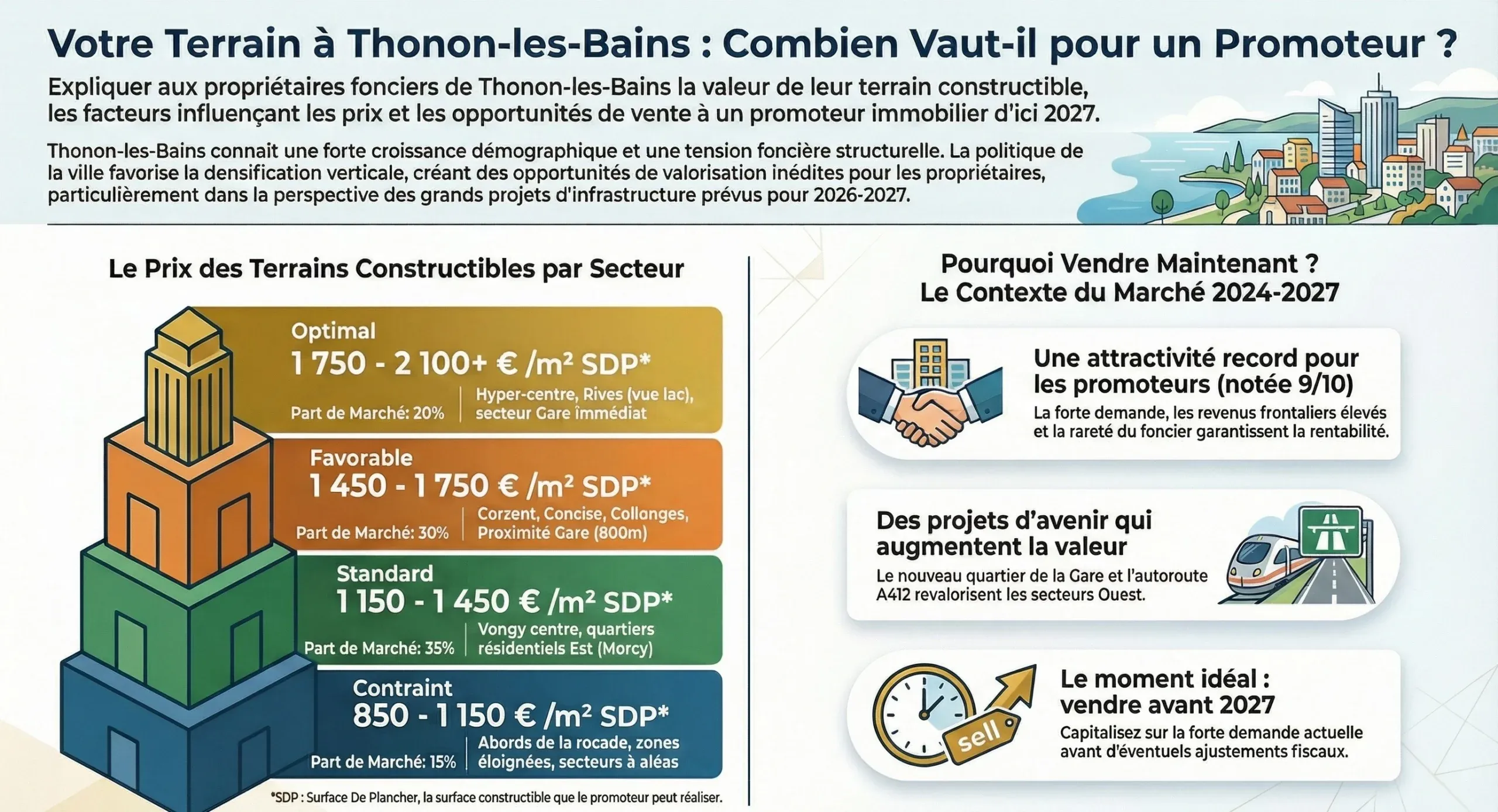 Infographie synthèse marché foncier Thonon-les-Bains 2026-2027 : carte des prix terrains constructibles par zone (de 850 à +2100€/m² SDP), indices Landup (Attractivité promoteurs 9/10), objectifs de densification (450 logements/an, 80% collectif) et impact des projets structurants (Pôle Gare, A412).