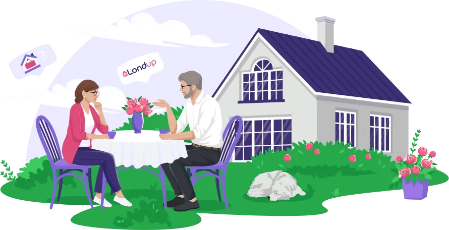Illustration d’un couple discutant autour d’une table dans un jardin, avec une maison en arrière-plan et une pancarte “Vendu à un promoteur”.