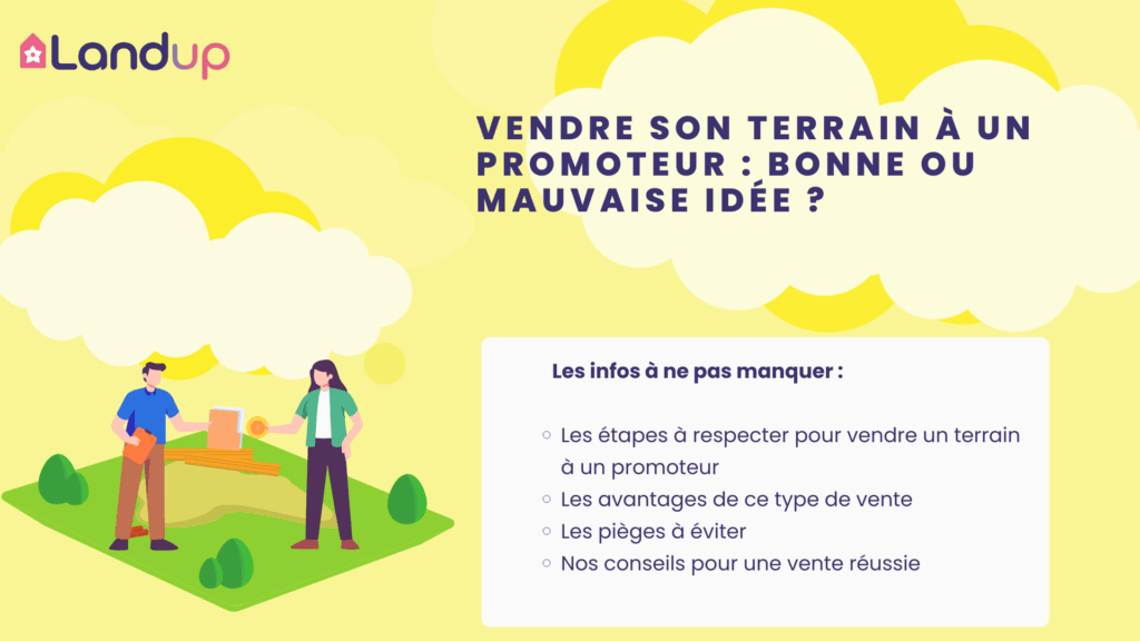 Vendre son terrain à un promoteur : bonne ou mauvaise idée ? Illustration Landup avec propriétaires réfléchissant aux avantages et inconvénients de la vente à un promoteur immobilier