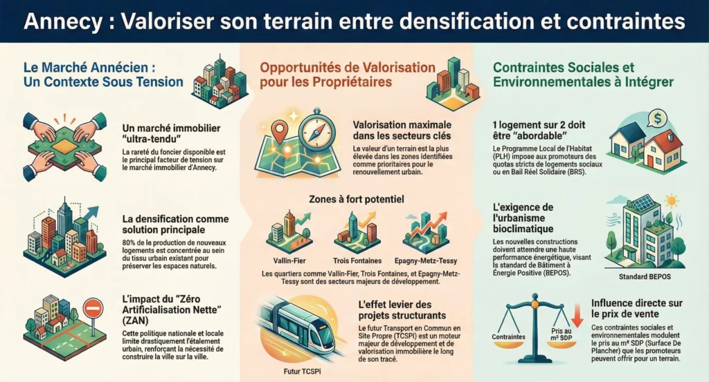 Infographie de synthèse du marché foncier à Annecy : tension immobilière, densification urbaine, contraintes ZAN, PLH et urbanisme bioclimatique