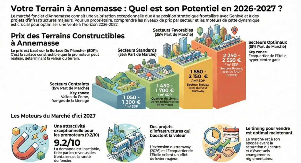 Infographie montrant un score d'attractivité promoteurs de 9.2/10 et une fourchette de prix SDP de 1050 à 2550 euros pour Annemasse.